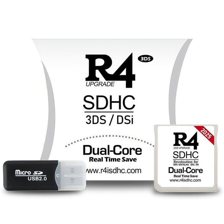 Card R4 SDHC Dual-Core pentru Nintendo 3DS/DS/DSi, Performanta Dubla pentru Jocuri Rapid, Compatibilitate Totala, Suporta MicroSD pana la 32GB, Design Elegant Culoare Alba, Accesoriu Gaming Esential