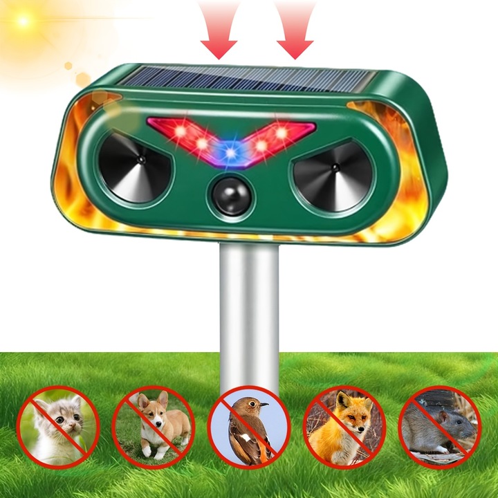 Respingator solar cu ultrasunete pentru animale, bedee, Design bufnita, Unghiul de acoperire este de 110-150°, raza de 10 m, acoperire 100 m², Flashuri LED, anti rozatoare, dihori, pasari, reptile, caini, pisici, animale salbatice, Rezistent apa, Verde