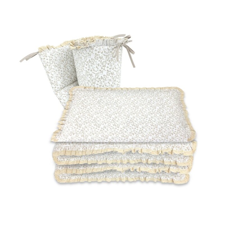 Lenjerie patut cu 3 piese, MimiNu, Premium, Pentru patut 120x60 cm, Cu protectie laterala, Din bumbac certificat Oeko Tex Standard 100, Cu dantela si volan, Meadow