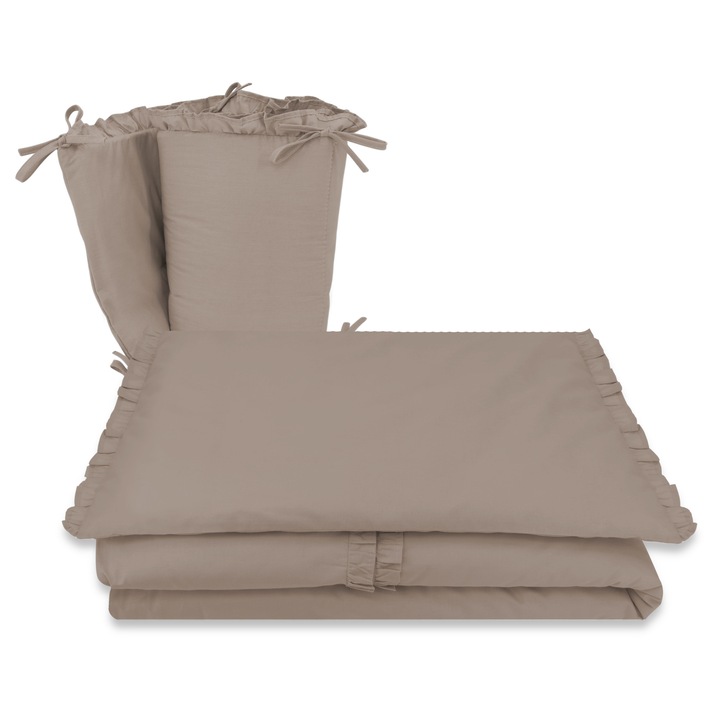 Lenjerie patut cu 3 piese, MimiNu, Pentru patut 120x60 cm, Cu volanase, Cu protectie laterala, Din bumbac certificat Oeko Tex Standard 100, Colectia Royal, Mocha