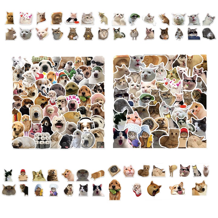 100 autocolante cu expresii de pisica si caine – stickere dragute DIY, impermeabile, pentru valiza, caiet si chitara