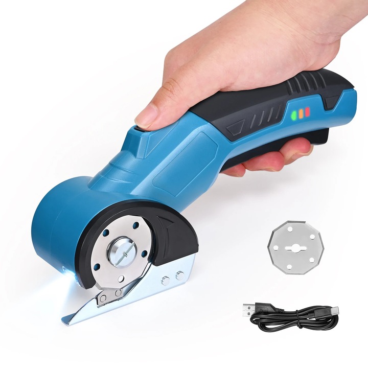Cutter rotativ, Taietor electric fara fir, Lama din otel SK5, Lumina LED, Blocare de siguranta, Pentru material textil, piele, carton, Albastru