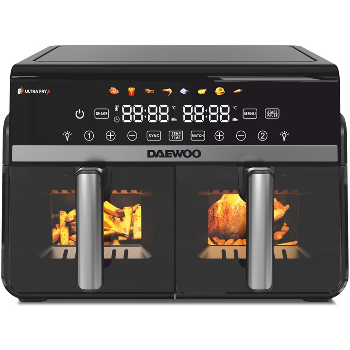 Friteuza dubla cu aer cald Daewoo DAF2X1100LRB, 2x1100 W, display LCD, capacitate 10 L 5+ 5, funcționare max. 120 minute, 8 programe predefinite, temperatura reglabila 80-200 grade, negru