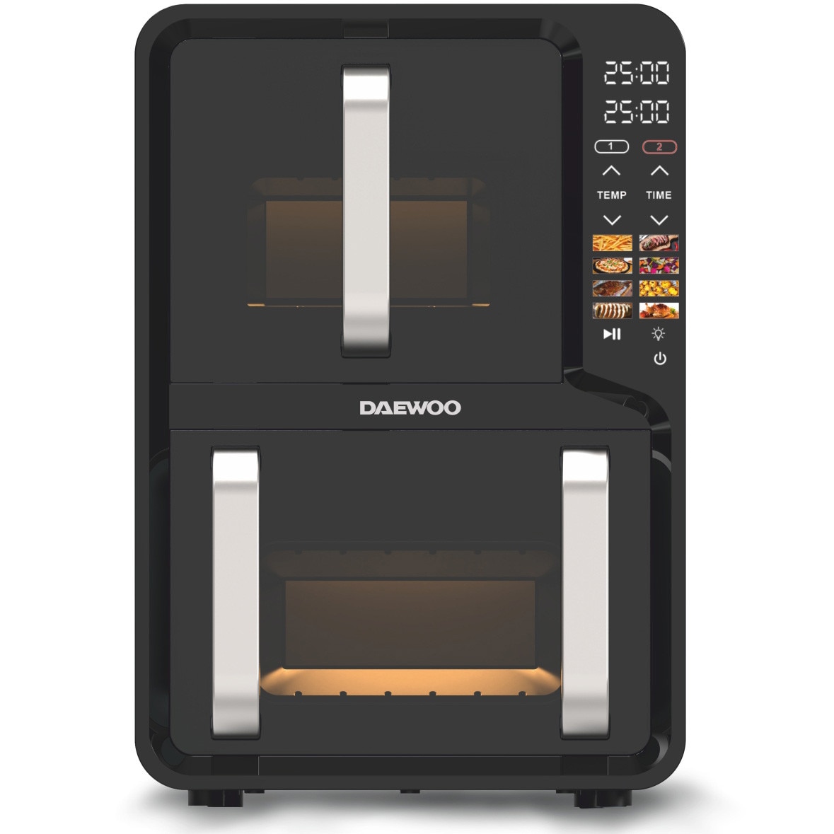 Friteuza dubla cu aer cald Daewoo DAF2X1100UDB, 1400 W+1600 W, display LCD, capacitate 12L 5 + 7, 8 programe predefinite, temperatura reglabila 80-200 grade, negru