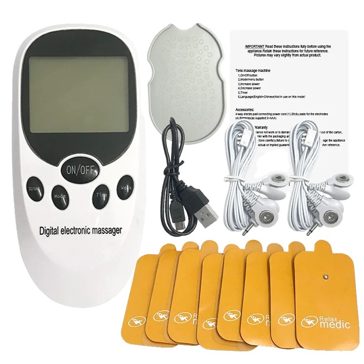 TENS masszázskészülék, 6 üzemmód, hordozható kialakítás, műanyag, újrafelhasználható