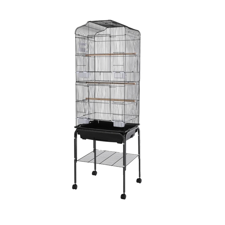 Madárkalitka, tágas kialakítás, görgős bútor, fekete, 47x37x137.5cm
