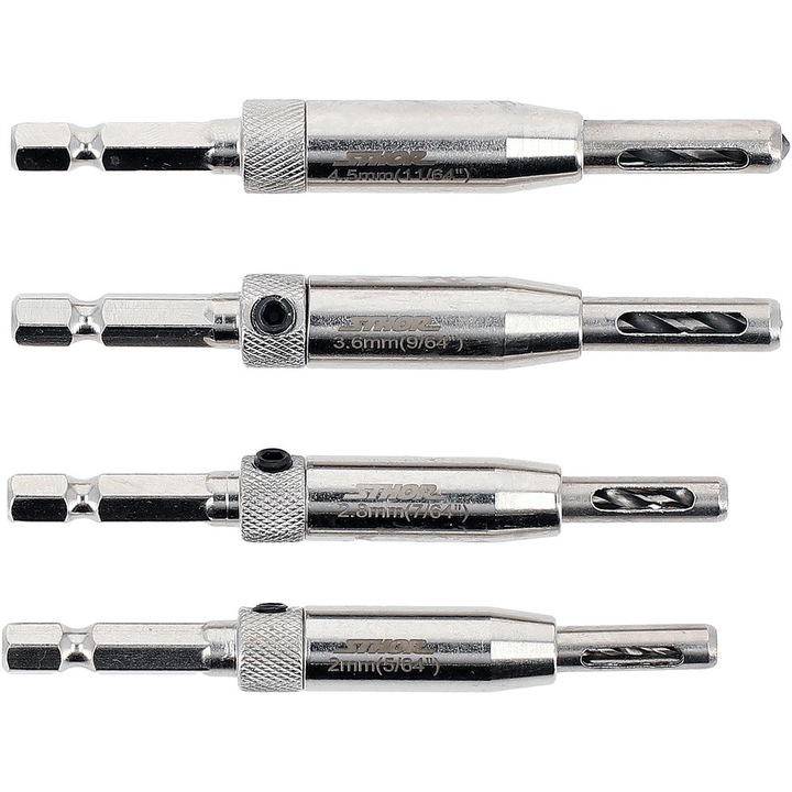 Set burghie auto-centrare STHOR, 4 piese, pentru balamale usi/ferestre, prindere hexagonala 1/4"
