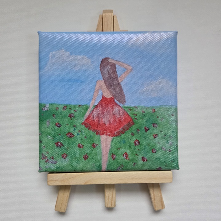 Tablou mini canvas print original, Aki, Fata in campul cu maci, panza de bumbac pe rama 10x10 cm cu sevalet din lemn de brad