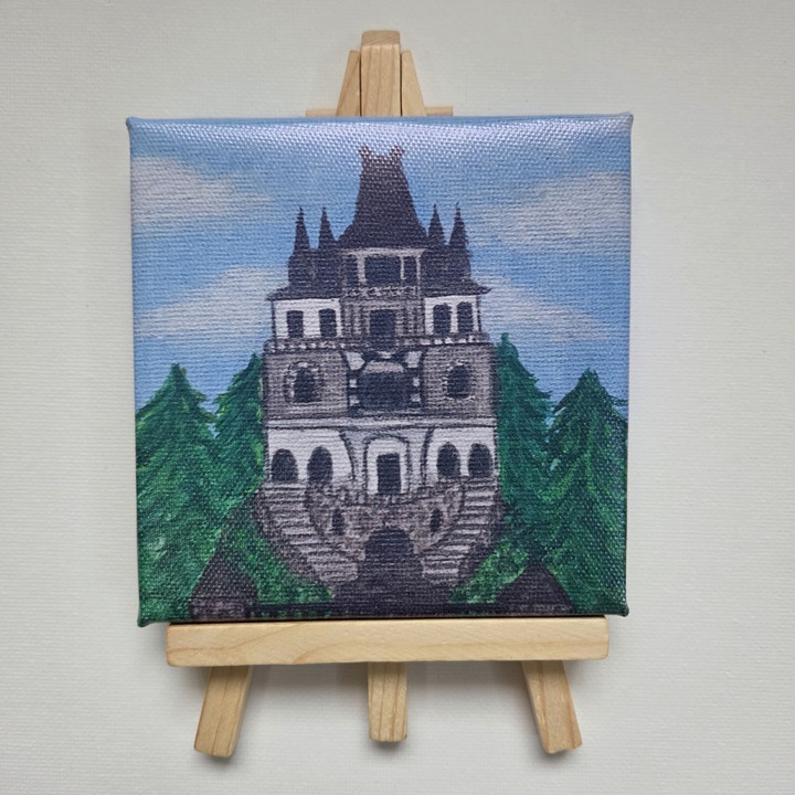Tablou mini canvas print original, Aki, Conacul din codru, panza de bumbac pe rama 10x10 cm cu sevalet din lemn de brad