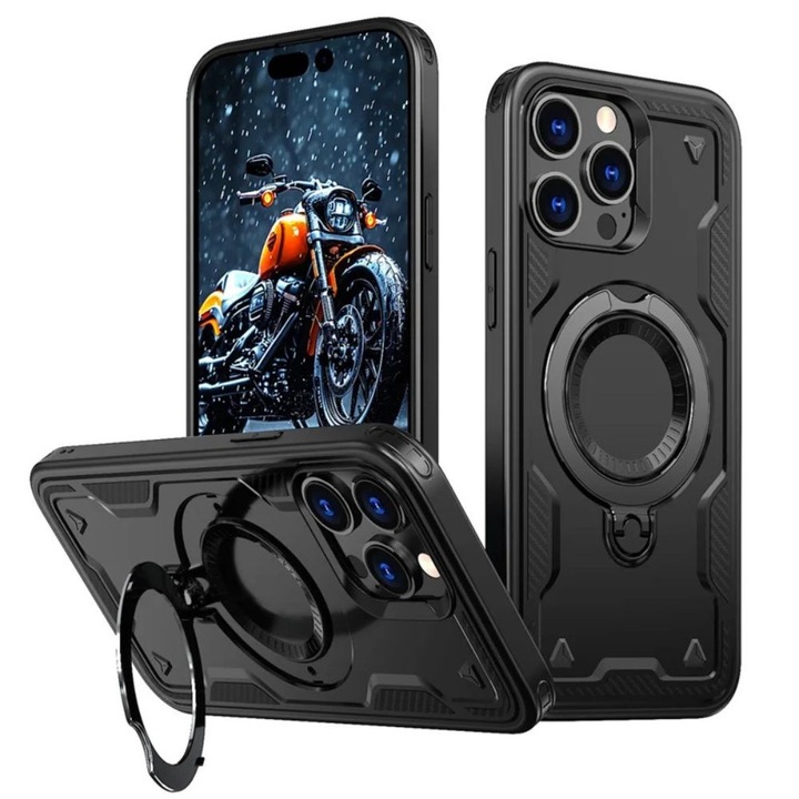 Калъф за Apple iPhone 15 Pro Max, VortexArmor Titan-X Pro, Въртящ се Метален Пръстен на 360 градуса, Стойка на 120 градуса, Против Удари, Защита за Камерите, Текстура от Въглеродни Влакна, Против Надраскване, Хибриден Материал, TPU, Черен