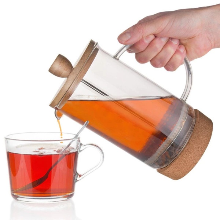 Cafetiera cu piston 400 ml, sticla transparenta, pentru cafea, ceai, infuzii si spumare lapte