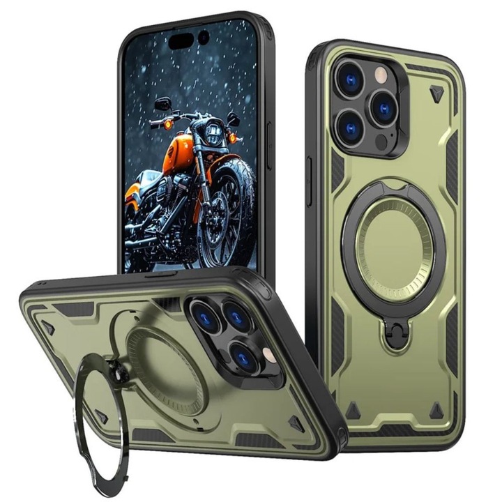 Husa pentru Apple iPhone 13 Pro, VortexArmor Titan-X Pro, Inel Metalic Rotativ 360, Stand 120 Grade, Impotriva Socurilor, Protectie Camere, Textura de Tip Carbon, Anti-Zgarieturi, Material Hibrid, TPU, Verde