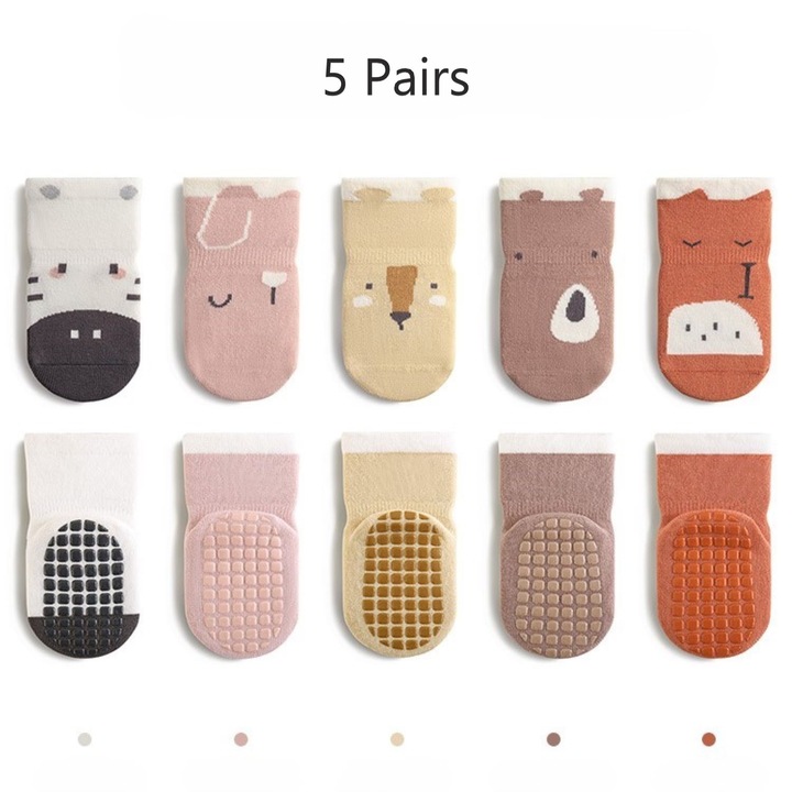Sosete antiderapante pentru bebelusi 5 perechi, Lysithéra®, imprimare cu animale dragalase, talpa din cauciuc antiderapant, multicolor, potrivite atat pentru baieti cat si pentru fete, bebelusi si copii care invata sa mearga