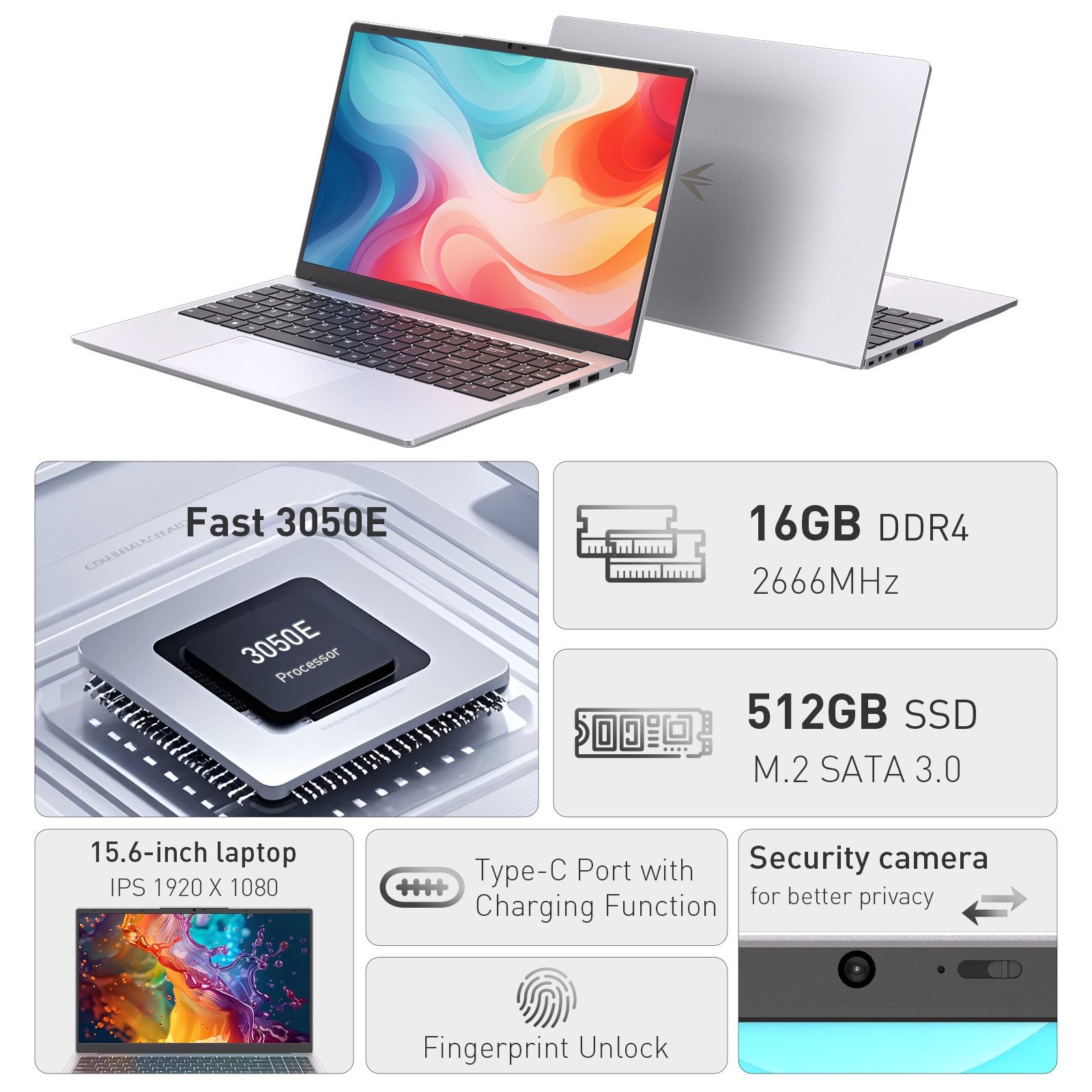 Laptop Auusda 15,6 inci, procesor AMD 3050E (2C/4T), dual-core 16 GB RAM, SSD de 512 GB, IPS FHD, senzor de amprenta, tastatura iluminata, argintiu, Bluetooth 5.0