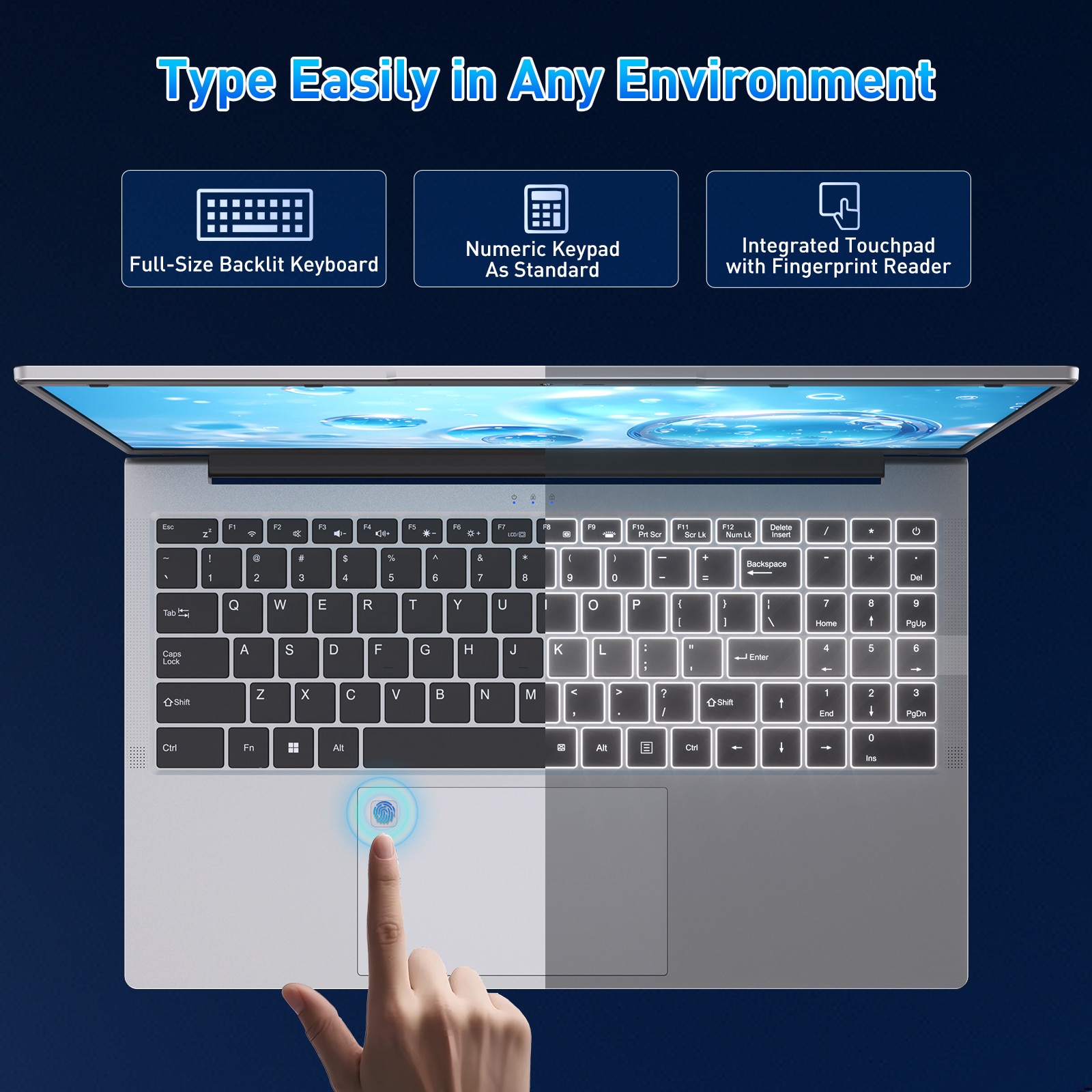Laptop Auusda 15,6 inci, procesor AMD 3050E (2C/4T), dual-core 16 GB RAM, SSD de 512 GB, IPS FHD, senzor de amprenta, tastatura iluminata, argintiu, Bluetooth 5.0