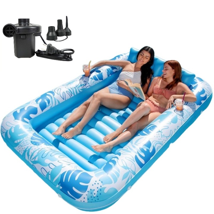 Надуваем дюшек за басейн, двоен, дизайн кленов лист, 144x216 см, устойчив PVC, капацитет 113 кг, с електрическа помпа, 2 XL поставки за напитки и облегалка, UV устойчив, за басейн, плаж или градина, син