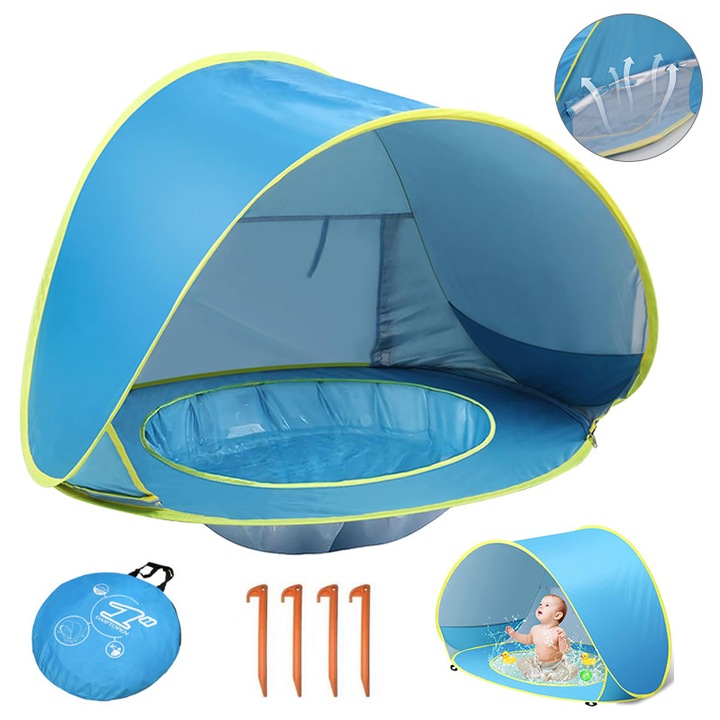 Cort Portabil de Vara pentru Bebelusi, protectie UV si UPF 50+, impermeabil, portabil si usor, ventilat, cu piscina, 120x80x70cm, 4 tarusi de fixare, sac de depozitare, pentru plaja si in aer liber, multifunctional, albastru