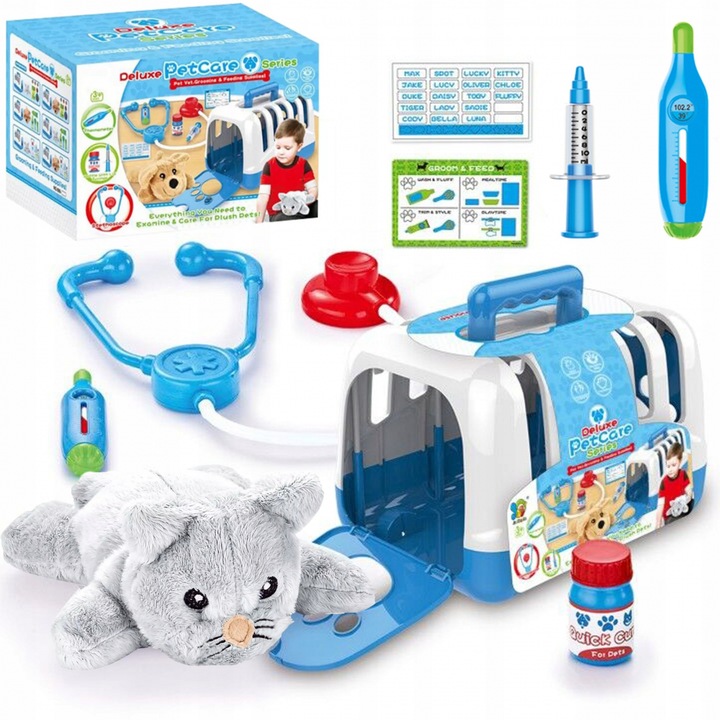 Set de joaca copii Matadi Pet Care Micul veterinar cu pisicuta pacient, cusca transport, stetoscop si accesorii medic