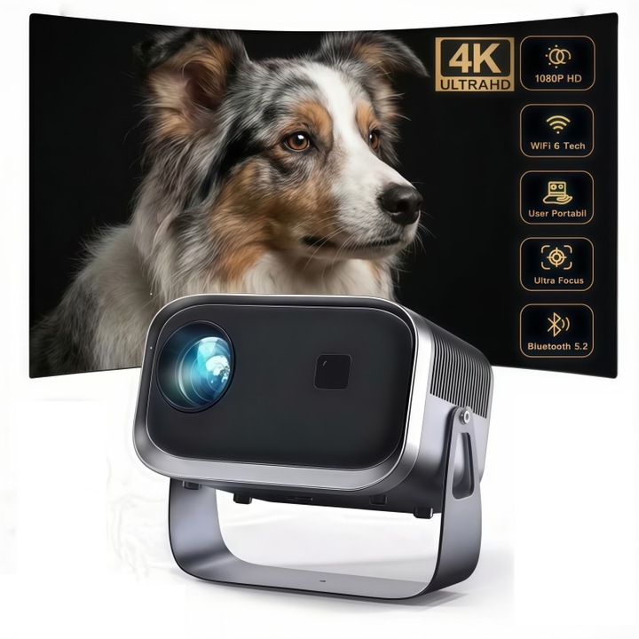 Смарт LED преносим проектор Premium AjieQaQ® K6 Projector - 4K UltraHD, поддържа 1080P, 15 000 ANSI лумена, Wi-Fi 6, Bluetooth 5.2, автофокус, стерео високоговорител, тройна HDMI връзка, 360° въртене, 2 GB RAM, 8 GB памет, USB и Mirroring Android/ IOS