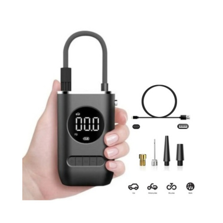 CZK-3668 hordozható autós kompresszor LED digitális kijelzővel, nyomásbeállítással és automatikus kikapcsolással, max. 10 BAR (150 PSI) nyomás, LED világítás, újratölthető akkumulátor, USB töltés, fekete színű