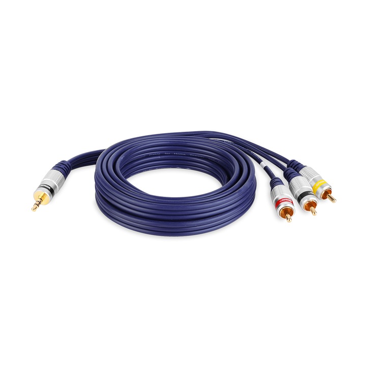 Jack 3.5mm - 3x RCA audiokábel, Vitalco, 5m, árnyékolt, aranyozott
