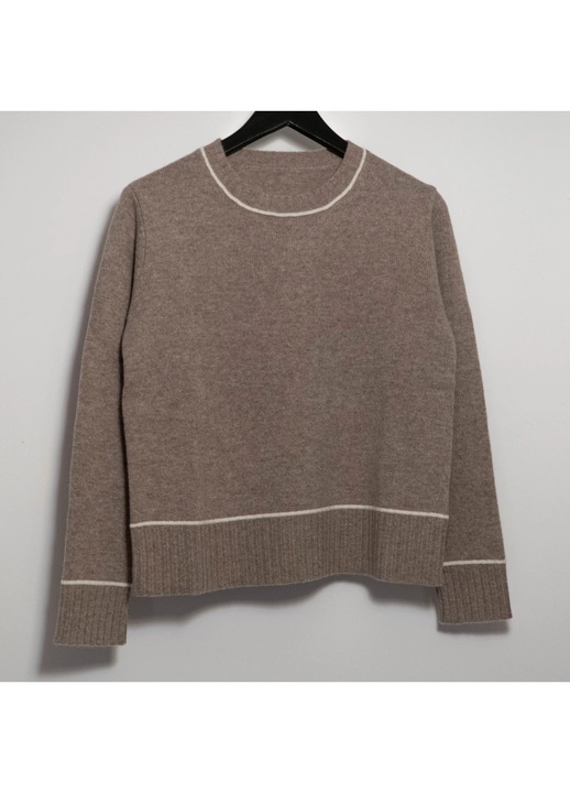 Pulover dama Nouvia, lana 100%, dungi contrastante, taupe, marime UNI Standard