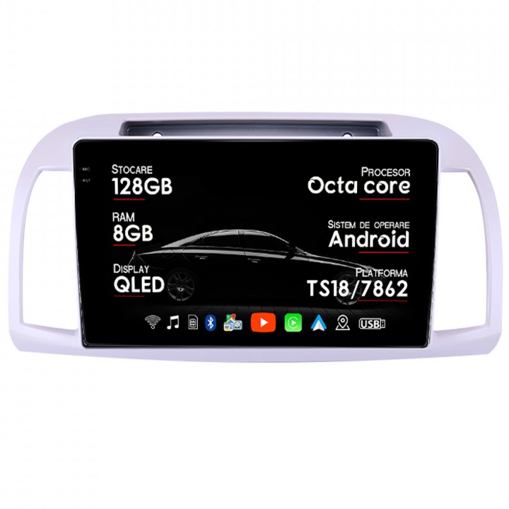 Navigatie dedicata Mitsubishi Micra 2002-2020, 8GB RAM 128GB ROM, Octacore, Platforma 7862, Android 14, Display QLED 9" 2K, Suporta camera 360", DSP, Carplay&Android Auto, SIM 4G, Ventilator Activ