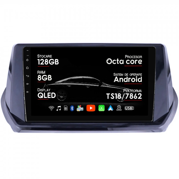 Navigatie dedicata Peugeot 208/2008 2019+, 8GB RAM 128GB ROM, Octacore, Platforma TS18, Android 14, Display QLED 9", Suporta camera 360", DSP, Carplay&Android Auto, SIM 4G, Ventilator Activ