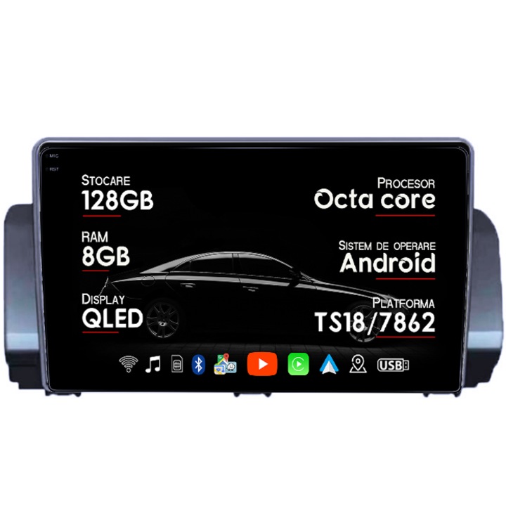 Navigatie dedica Dacia Logan 3, 8GB RAM 128GB ROM, Octacore, Platforma TS18, Android 14, Display QLED 9", Suporta camera 360", DSP, Carplay&Android Auto, SIM 4G, Ventilator Activ