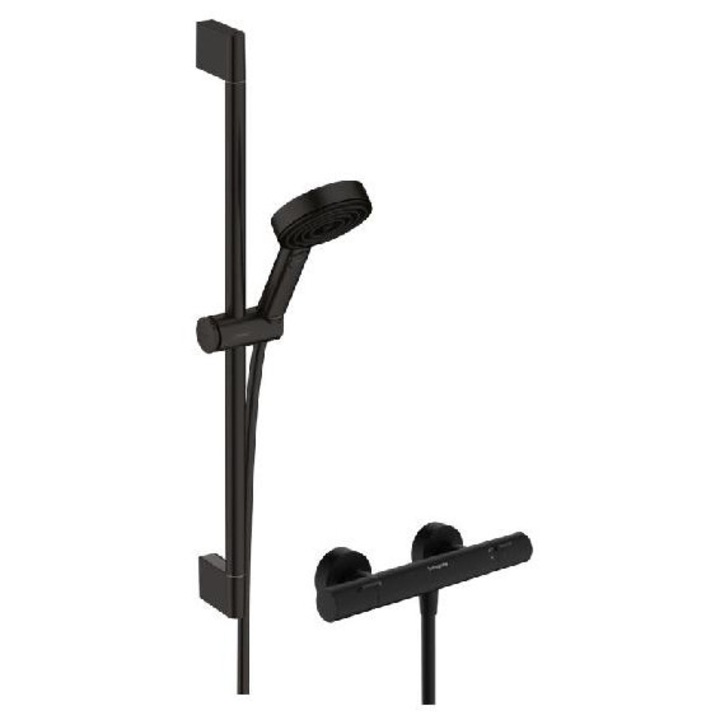 Set de dus Hansgrohe cu termostat, 3 tipuri de jet, EcoSmart, mat negru, dimensiuni 625x22mm