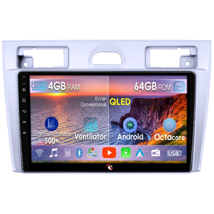 Navigatie dedicata Ford Fiesta MK5 2002-2008, Gri, 4GB RAM 64GB ROM, Octacore, Android 14, Display QLED 9", DSP, Carplay&Android Auto, SIM 4G, Ventilator Activ