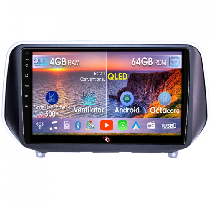 Navigatie dedicata Hyundai Santa Fe 2018+, 4GB RAM 64GB ROM, Octacore, Android 14, Display QLED 9", DSP, Carplay&Android Auto, SIM 4G, Ventilator Activ