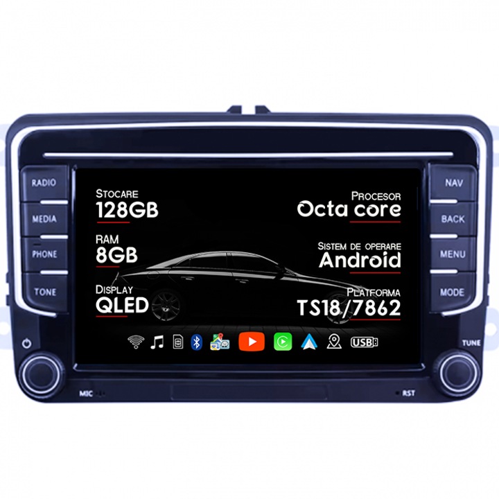 Navigatie dedicata Volkswagen, 8GB RAM 128GB ROM, Octacore, Platforma TS18, Android 14, Display QLED 9", Suporta camera 360", DSP, Carplay&Android Auto, SIM 4G, Ventilator Activ