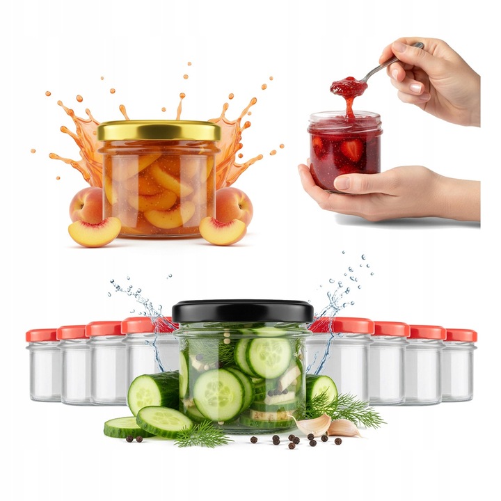 Set de 50 borcane din sticlă 140ml Bimberek, capace incluse, design minimalist, 6x6cm