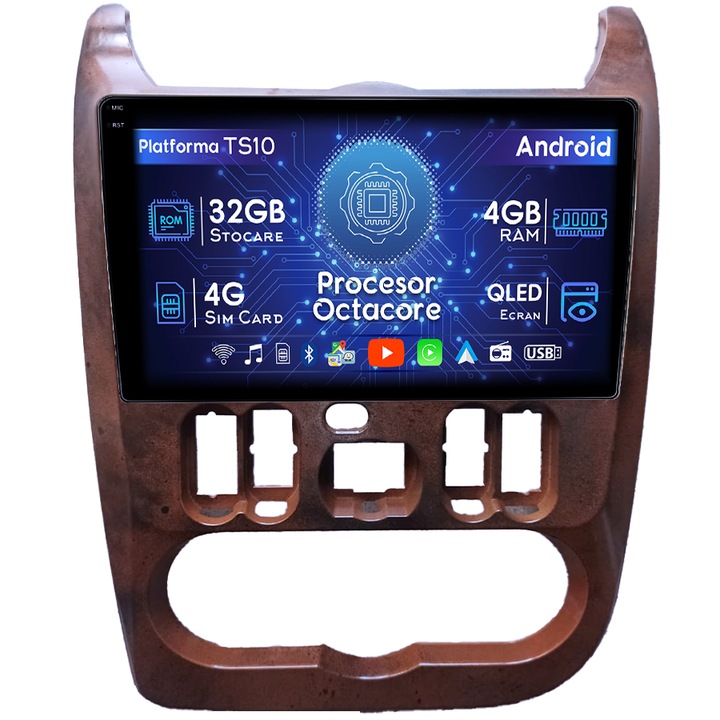 Navigatie dedicata Dacia Logan 2009-2015, 4GB RAM 32GB ROM, Octacore, Android 14, Display QLED 1K 9", DSP, Carplay&Android Auto, SIM 4G, Bluetooth, Ventilator Activ