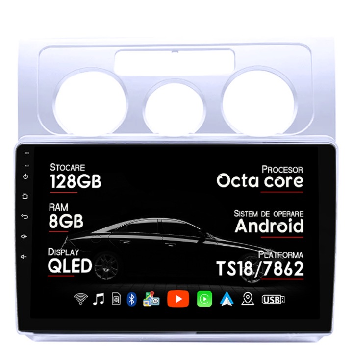 Navigatie dedicata Volkswagen Touran 2003-2015, 8GB RAM 128GB ROM, Octacore, Platforma 7862, Android 14, Display QLED 9", Suporta camera 360", DSP, Carplay&Android Auto, SIM 4G, Ventilator Activ