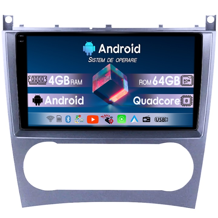 Navigatie dedicata Mercedes C-Class W203 2003-2007, 4GB RAM 64GB ROM, Quadcore, Android 14, Display QLED 1K, 9", DSP, Carplay&Android Auto, Suport camere AHD