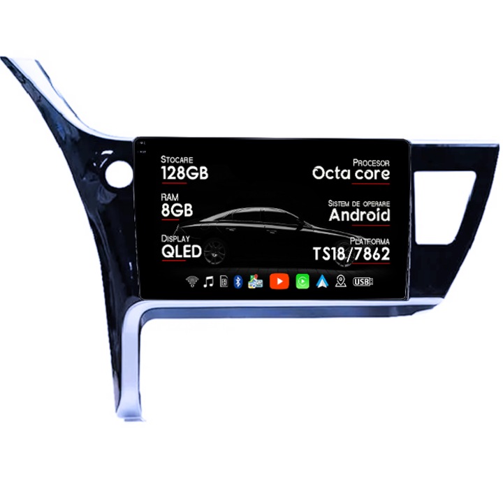 Dedikált navigáció Toyota Corolla 2017-2020, 8GB RAM 128GB ROM, Octacore, 7862 platform, Android 14, QLED 9" kijelző, Támogatja a 360" kamerát, DSP, Carplay és Android Auto, 4G SIM, Aktív ventilátor