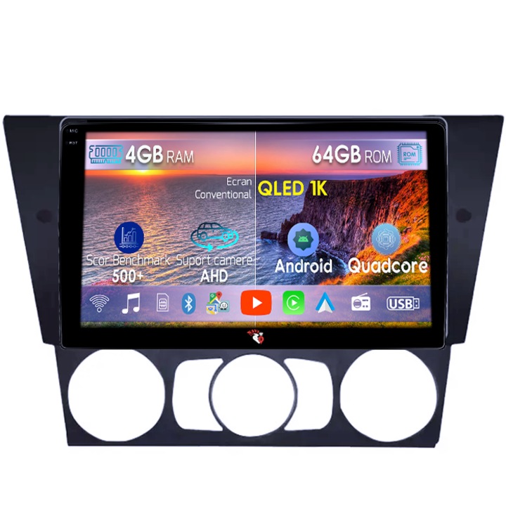 Navigatie dedicata BMW Seria 3 E90 E91 2005–2012, 4GB RAM 64GB ROM, Octacore, Android 14, Display QLED 1K 9", Carplay&Android Auto, SIM 4G, Ventilator Activ