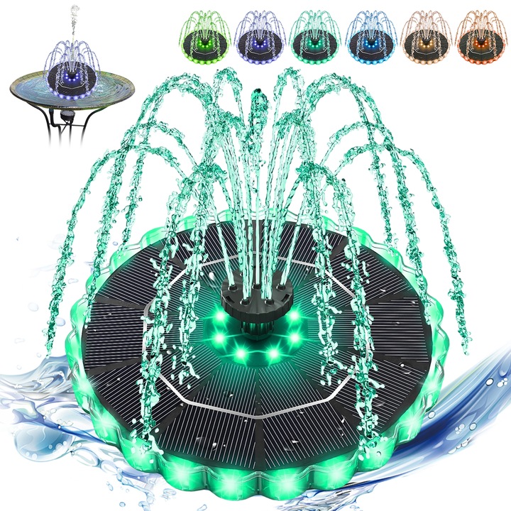Fantana plutitoare de gradina, bedee, incarcare solara, Iluminare LED Multicolor, Sapte moduri de pulverizare a apei, baterie incorporata de 2000 mAh, Potrivit pentru piscine, iazuri cu pesti, bai pentru pasari si gradini, 16.5 cm in diametru, Negru