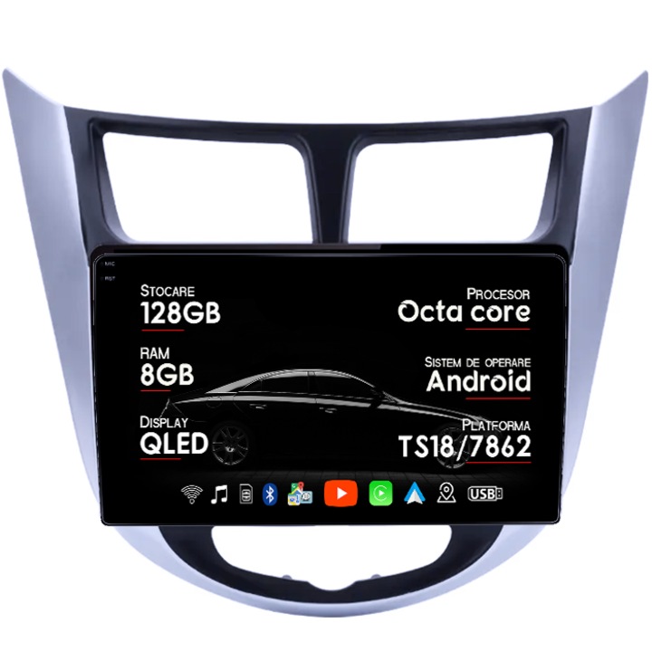 Navigatie dedicata Hyundai Accent 2010-2016, 8GB RAM 128GB ROM, Octacore, Platforma TS18, Android 14, Display QLED 9", Suporta camera 360", DSP, Carplay&Android Auto, SIM 4G, Ventilator Activ