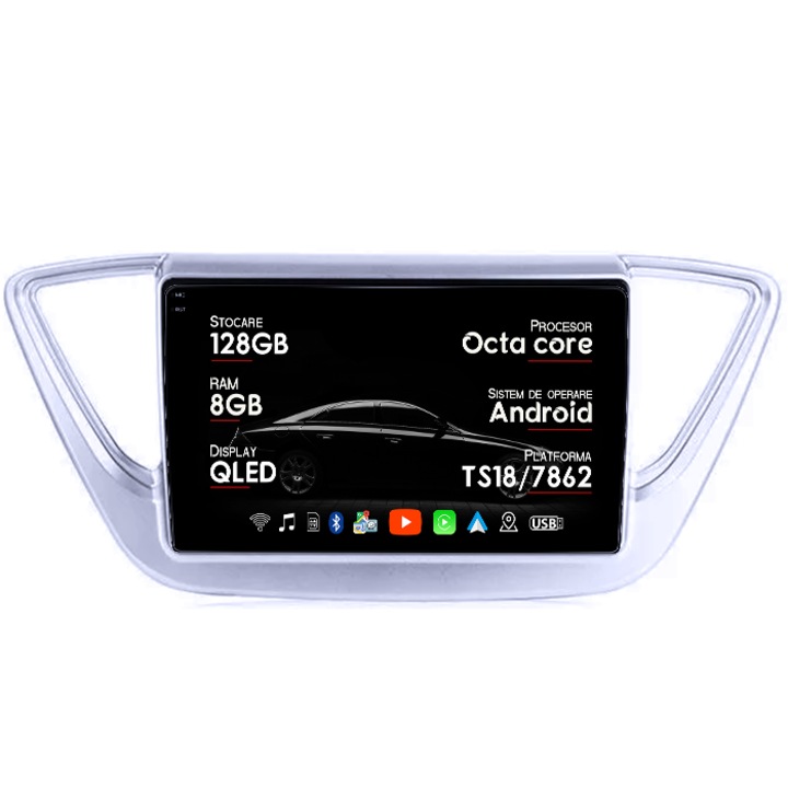 Navigatie dedicata Hyundai Accent 2017-2018, 8GB RAM 128GB ROM, Octacore, Platforma TS18, Android 14, Display QLED 9", Suporta camera 360", DSP, Carplay&Android Auto, SIM 4G, Ventilator Activ