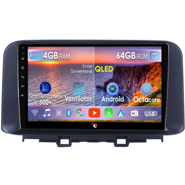 Navigatie dedicata Hyundai Encino 2018-2020, 4GB RAM 64GB ROM, Octacore, Android 14, Display QLED 9", DSP, Carplay&Android Auto, SIM 4G, Ventilator Activ