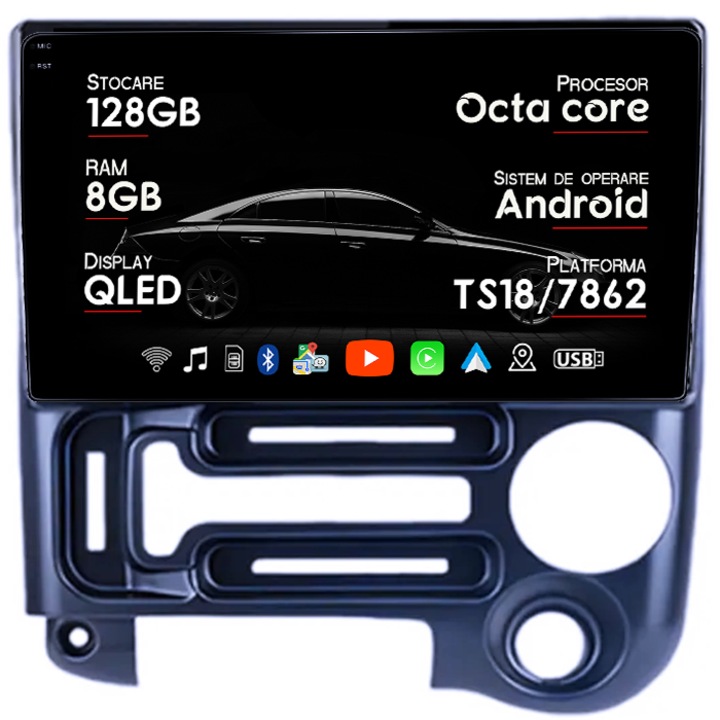 Navigatie dedicata Hyundai Santro 2006-2015, 8GB RAM 128GB ROM, Octacore, Platforma TS18, Android 14, Display QLED 9", Suporta camera 360", DSP, Carplay&Android Auto, SIM 4G, Ventilator Activ