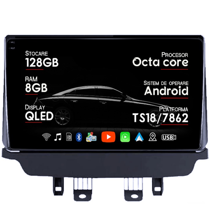 Dedikált navigáció Mazda 2 CX 3 2014-2019, 8 GB RAM 128 GB ROM, Octacore, TS18 platform, Android 14, QLED 9" kijelző, 360" kamera támogatása, DSP, Carplay és Android Auto, 4G SIM, aktív ventilátor