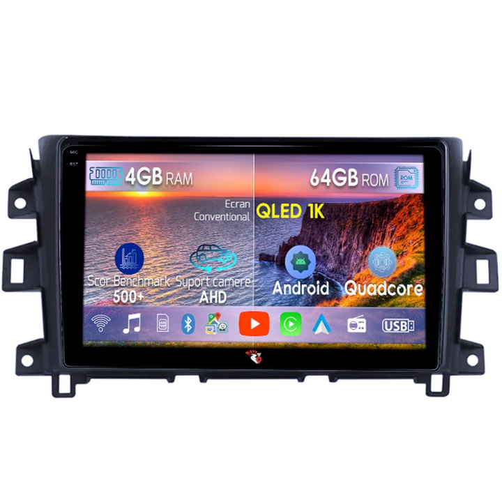 Navigáció Nissan Navara 2011-2016 modellekhez, 4GB RAM 64GB ROM, Octacore, Android 14, QLED 1K 9" kijelző, Carplay és Android Auto, 4G SIM, Aktív Ventilátor