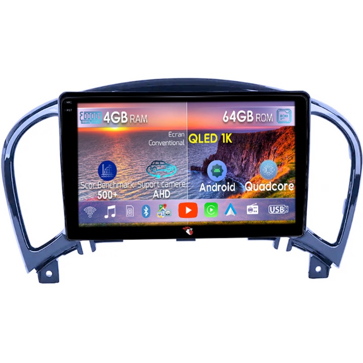 Navigatie dedicata Nissan Juke 2010-2014, 4GB RAM 64GB ROM, Octacore, Android 14, Display QLED 1K 9", Carplay&Android Auto, SIM 4G, Ventilator Activ