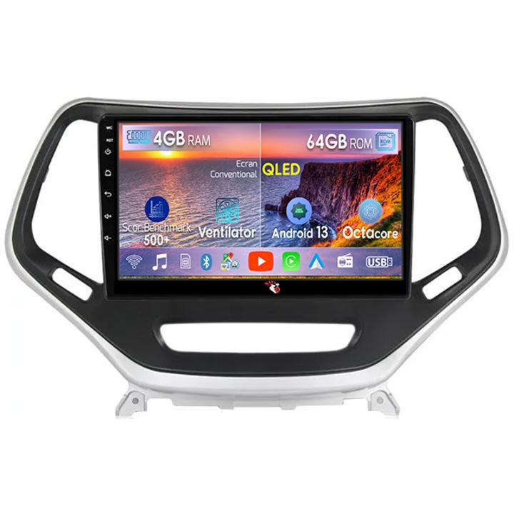 Navigatie dedicata Jeep Grand Cherokee 2014-2018, 4GB RAM 64GB ROM, Octacore, Android 14, Display QLED 1K 9", Carplay&Android Auto, SIM 4G, Ventilator Activ