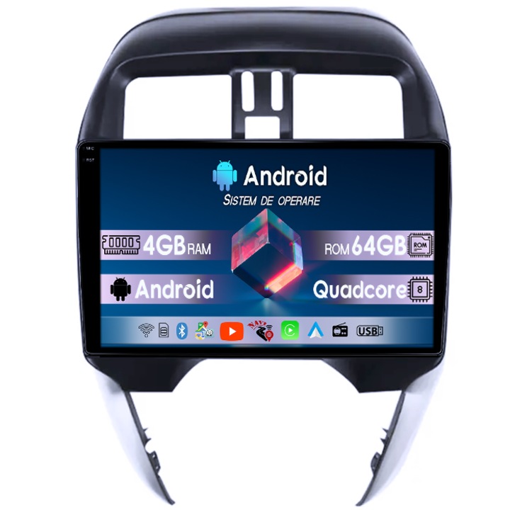 Navigatie dedicata Nissan Sunny 2019, 4GB RAM 64GB ROM, Quadcore, Android 14, Display QLED 1K, 9", DSP, Carplay&Android Auto, Suport camere AHD