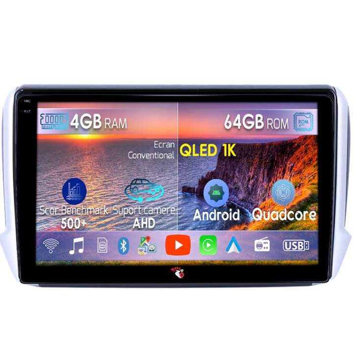 Navigatie dedicata Peugeot 208, 4GB RAM 64GB ROM, Octacore, Android 14, Display QLED 1K 10", Carplay&Android Auto, SIM 4G, Ventilator Activ